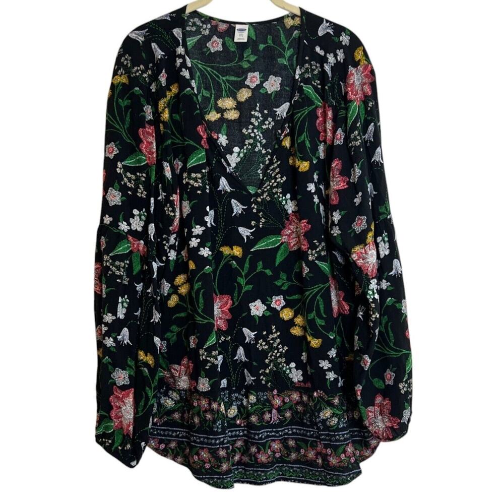 Old Navy Womens Long Sleeve Blouse Size XXL Black Floral Deep V-Neck Pullover